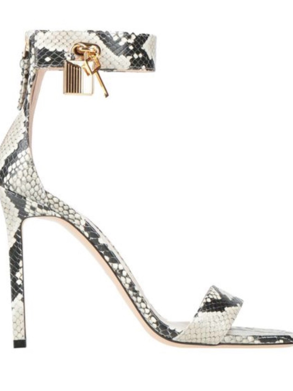 Snake-Print Ankle Strap High Heel Sandals in Black and White size 10.5
